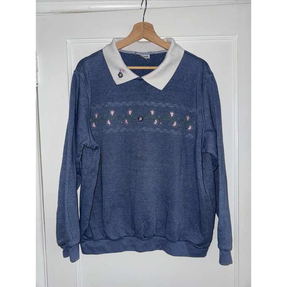 Bon Worth Blue Floral Embroidered Collared Sweatshirt Vintage Style Large